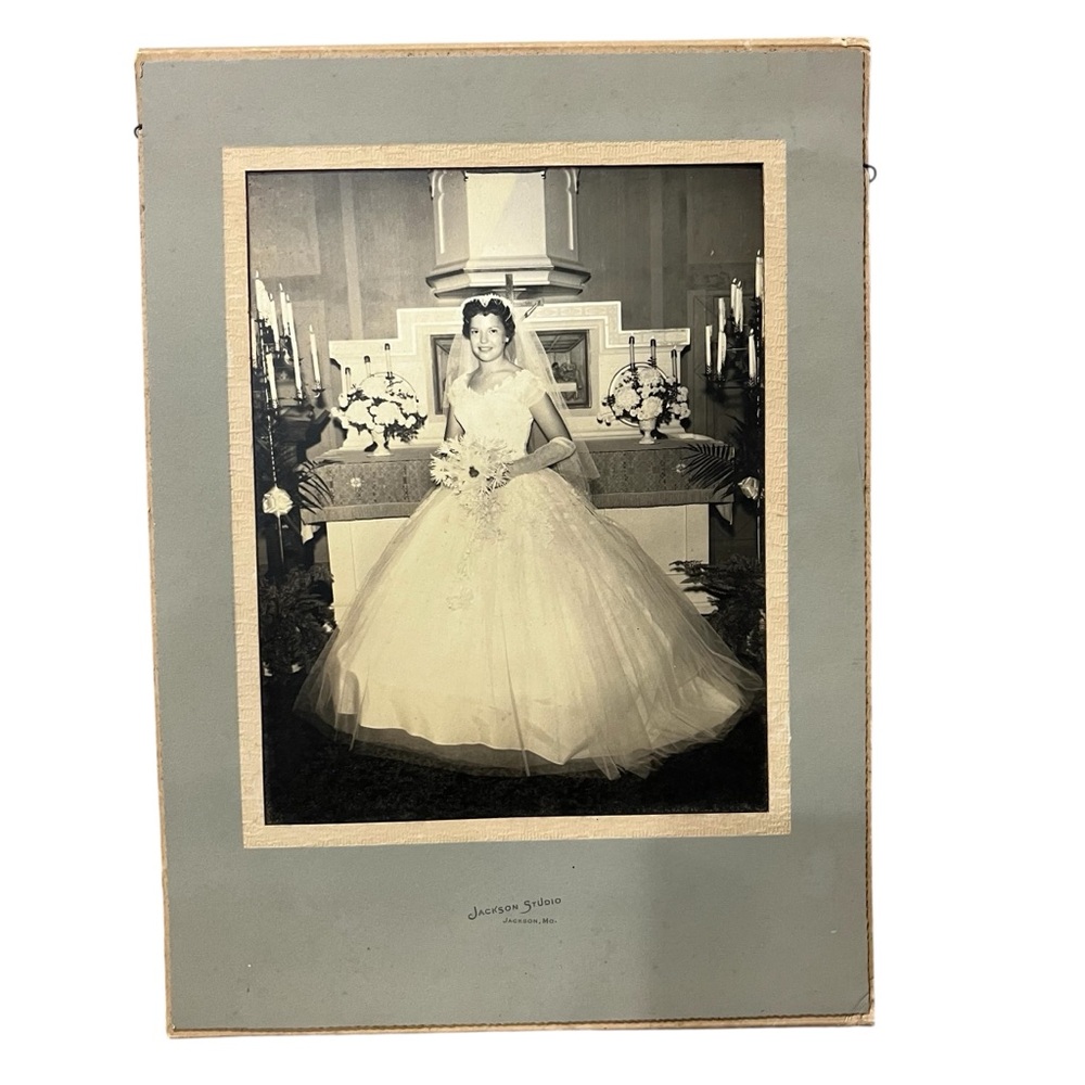 Vintage 1960's Wedding Photo 14x 10” In Matte Bride Posing At Alter